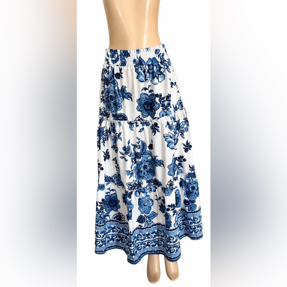 White and Blue Floral Tiered Maxi Skirt - Unbranded